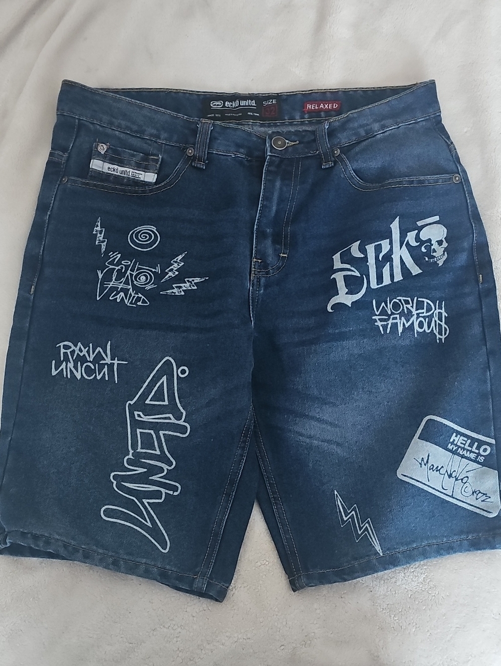 Ecko Unlimited Dark Blue Denim Graphic Jean Shorts
